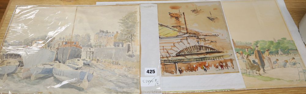 Sydney Maiden, two watercolours, Shipyard & Park scene, 29 x 39cm, and a watercolour of Collyer Quay, Singapore by David Benson. All un